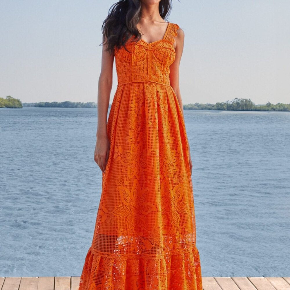 Farm Rio Orange Guipure Lace Maxi Dress (Medium)